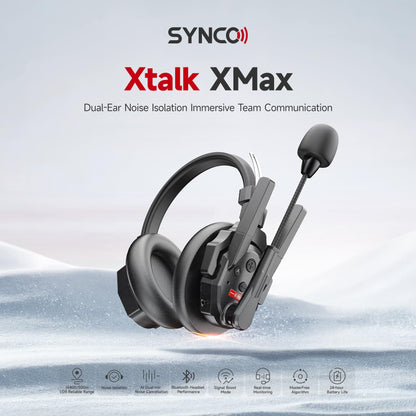 SYNCO XTalk XMax5 Wireless Intercom Headset System with Dual-Ear Design Telephone Headsets System Random Master Device,2.4GHz Full Duplex 500 m/1640 ft for 5-Person Team Communication