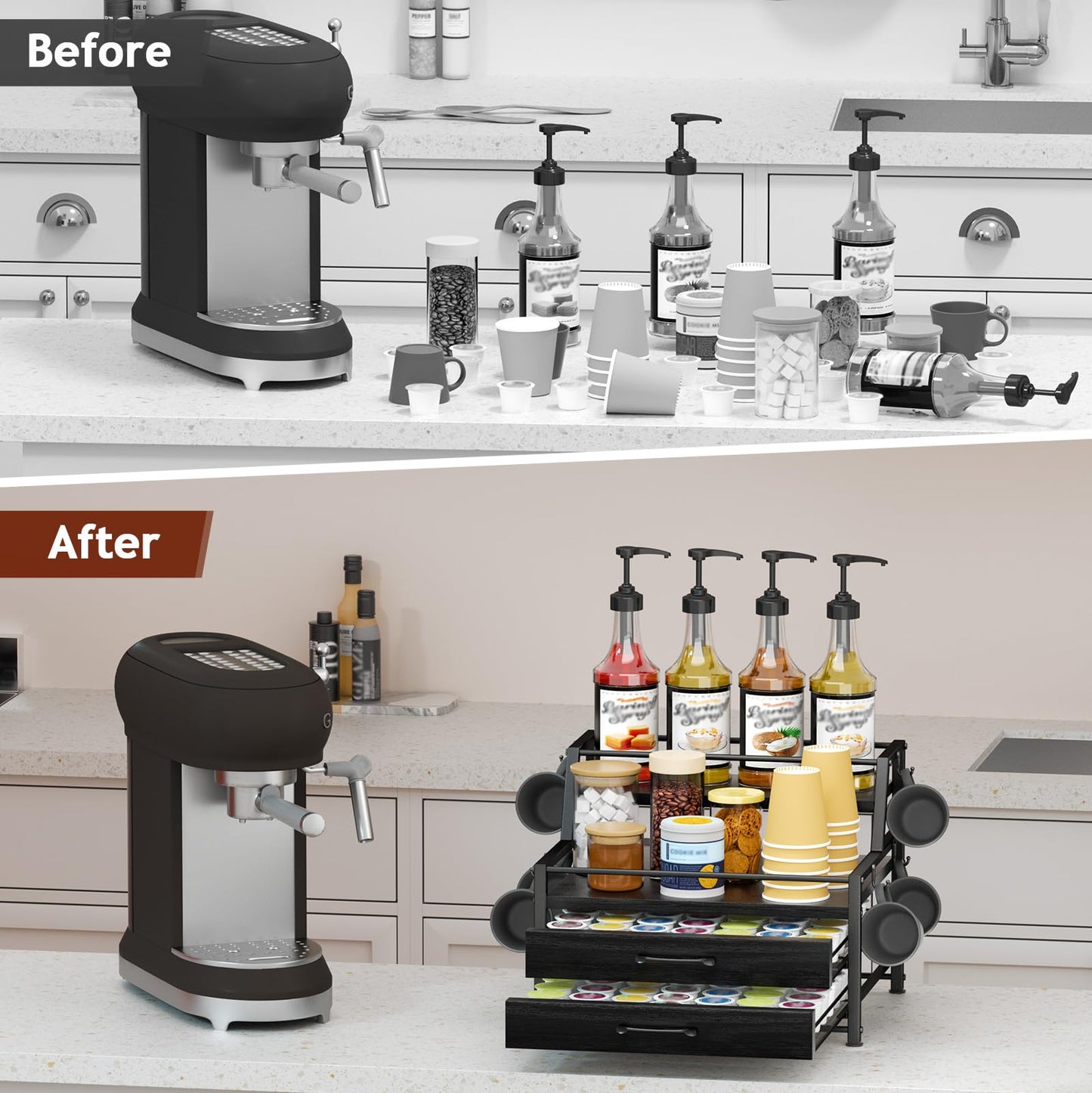 Homsorout Coffee Syrup Rack Organizer - 4-Tier 8 Syrup Wine Bottles Stand with 82 Storage Drawer for K Cups, Coffee Pod Holder for Countertop, Bar Station, Kitchen, Black