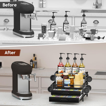 Homsorout Coffee Syrup Rack Organizer - 4-Tier 8 Syrup Wine Bottles Stand with 82 Storage Drawer for K Cups, Coffee Pod Holder for Countertop, Bar Station, Kitchen, Black