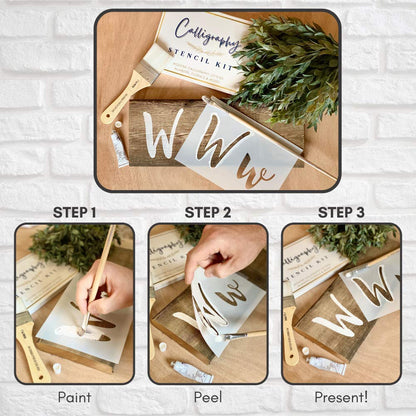 Boutique Calligraphy Stencil Template Kit | 45 Reusable Pieces | Lettering Upper, Lowercase, Large & Small | Numbers, Punctuation, Laurels and Flowers - For Arts Crafts Painting Wood (Calligraphy Kit)