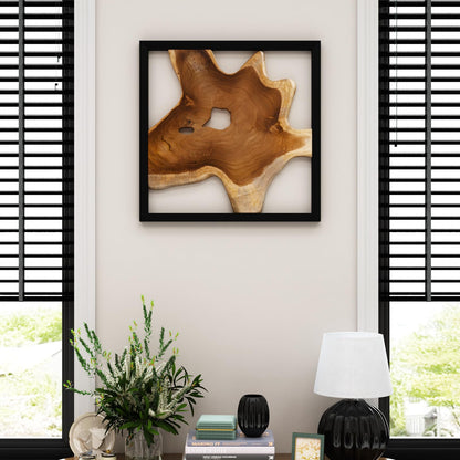 JOLLYMER 2 Pack Live Edge Teak Wood Wall Decor, Rustic Wooden Wall Art, Handcrafted Home Decoration for Living Room Bedroom Office, 17"x17" Black Frame