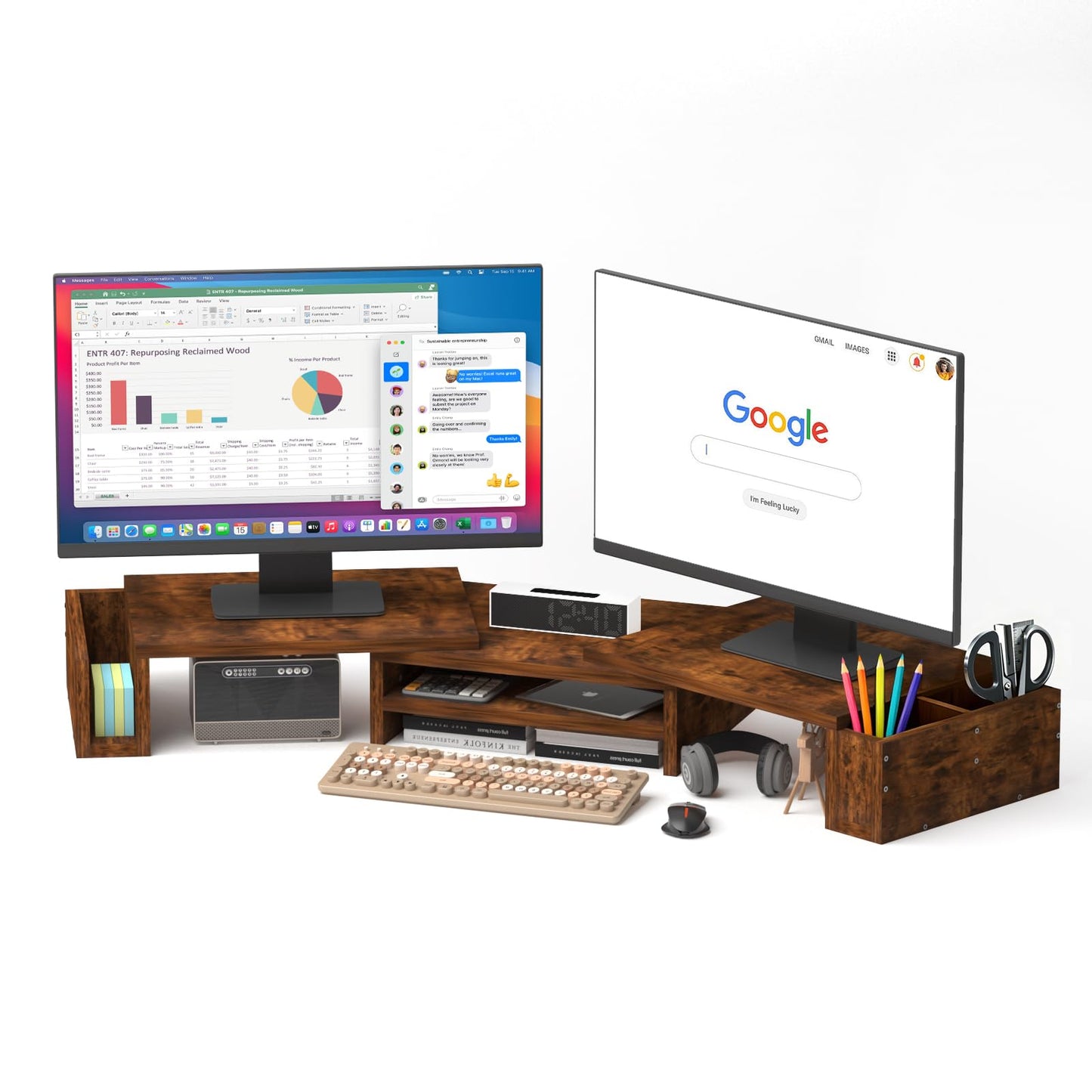 Wood Dual Monitor Stand Riser, Desk Organizers and Accessories with Storage Pen Holders, Adjustable Length and Angle 3 Shelf Extra Long 46" Desktop Organizer for 2 Monitors, Computer, Laptop, TV,Rustic Brown (Triple)