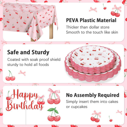 Cherry Birthday Decorations, 182Pcs Cherry Plates Napkins Cups Forks Tablecloth Banner Hanging Swirls Cupcake Toppers and Ballons for Cherries Themed Party Decorations