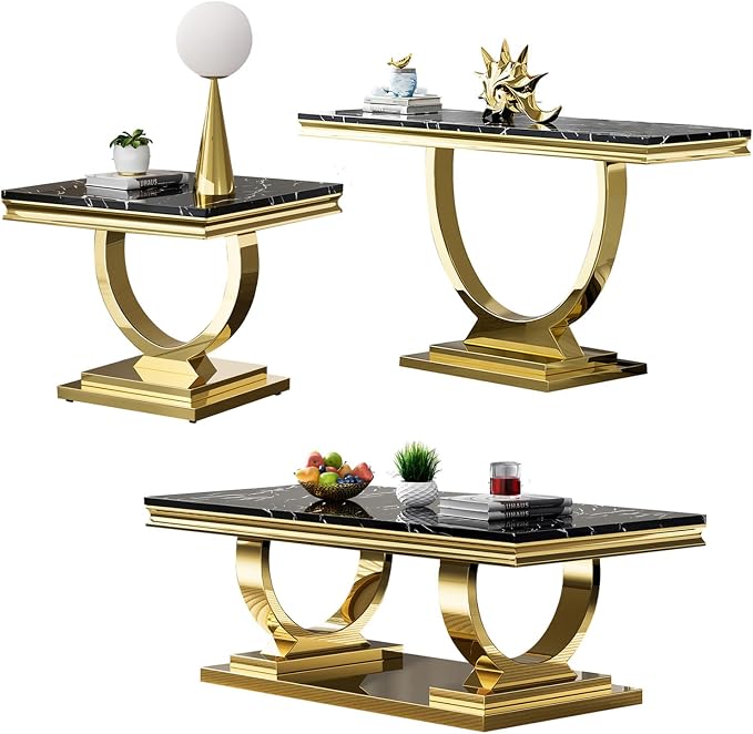 3 Piece Living Room Table Set Include 1 Faux Marble Coffee Table & 1 End Table & 1 Console Table, Modern Black Gold Coffee Table Set of 3 with Double O Shape Stainless Steel Pedestal Base