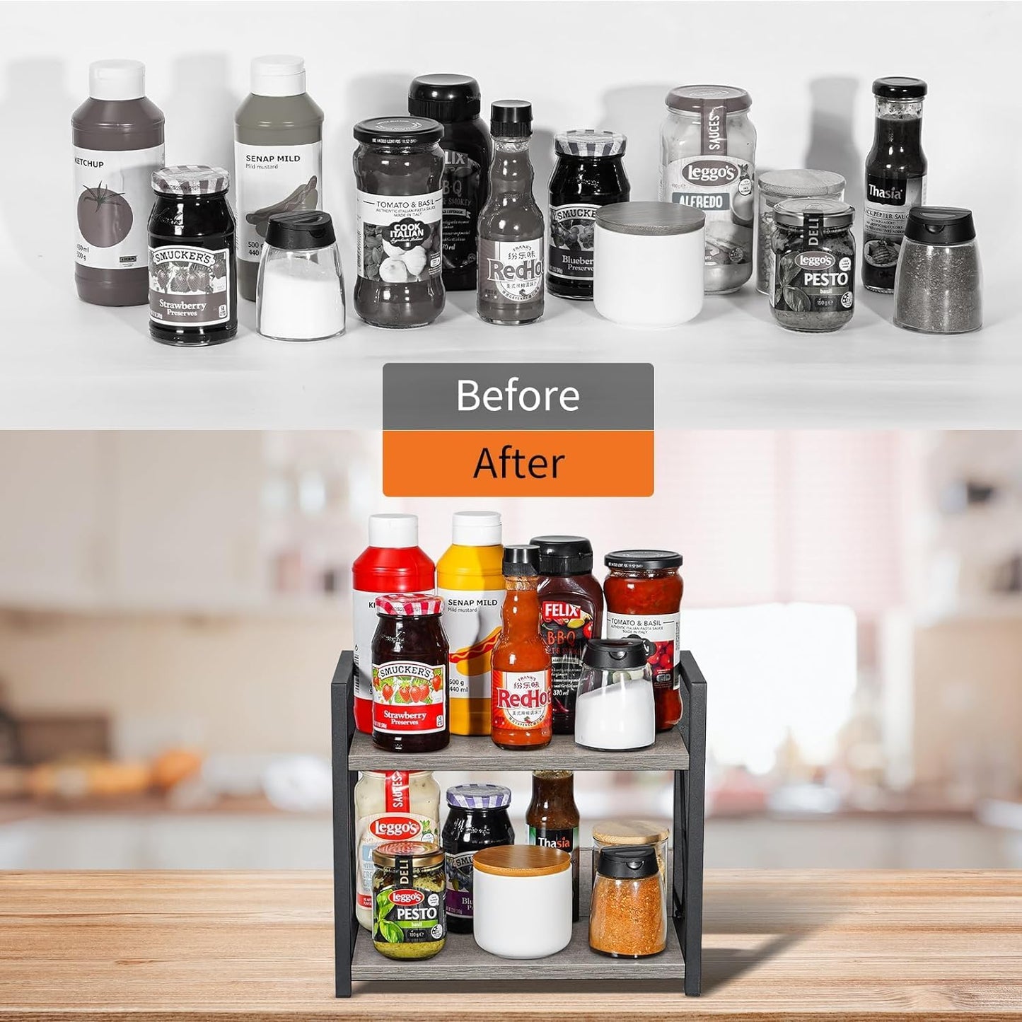 Giikin Countertop Shelf Organizer, 2 Tier Kitchen Spice Rack Organizer for Countertop, Wood Coffee Counter Shelf Organizer for Home (Grey, S)
