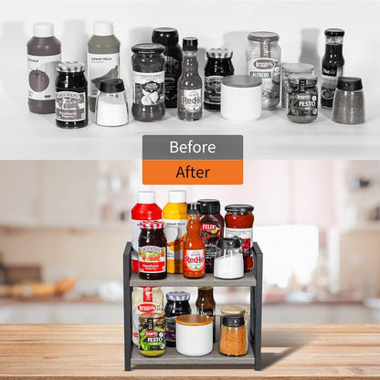 Giikin Countertop Shelf Organizer, 2 Tier Kitchen Spice Rack for Countertop, Wood Coffee Counter Shelf for Home, Particle Board and Metal, Grey, Small