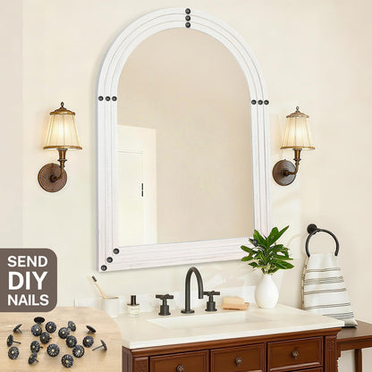 LXWZHK 40"x30" Arched Wooden Frame Wall Mirror, Rustic Vanity Wall Mirror for Bathroom, Bedroom, Rustic White