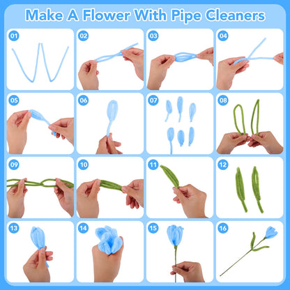 WSICSE 500Pcs Blue Pipe Cleaner Flower Kit, Pipe Cleaners Bulk Chenille Stems with Floral Wires, Gardening Tape,Stamen& Ribbon, Wrapping Paper (5 Colors)