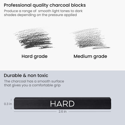 ARTEZA Compressed Charcoal Sticks Set of 16 – Medium and Hard Drawing Crayons for Sketching, Shading, Line Work in Charcoal Art and Figure Drawing