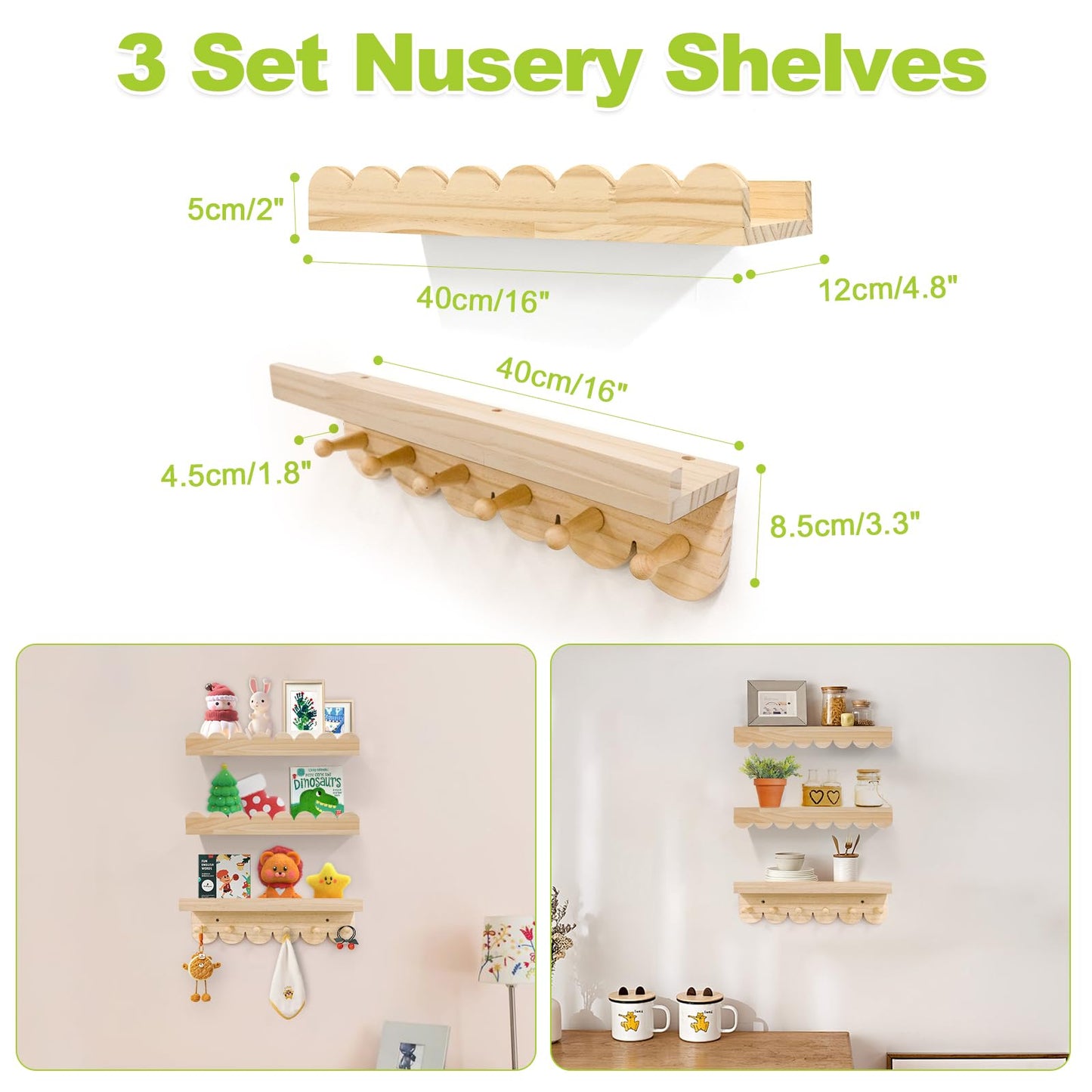 Varbonia Floating Nursery Book Shelves for Wall, 16'' Wood Book Shelf for Baby Boys Girls Bedroom Bathroom and Décor Storage, Wall Shelf for Books, Plants, Toys, Photo Frames (Wooden, 3 Pack)