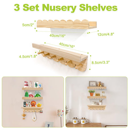 Varbonia Floating Nursery Book Shelves for Wall, 16'' Wood Book Shelf for Baby Boys Girls Bedroom Bathroom and Décor Storage, Wall Shelf for Books, Plants, Toys, Photo Frames (Wooden, 3 Pack)