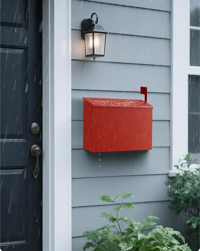 Wall-Mount Mailbox for Outside, Large Capacity Rust-Proof Mail Box with Stay-Open Lid & Red Flag Kit, Galvanized Steel Weather-Resistant Post Box for House Outside, 10.5"x4.3"x14.2", Red