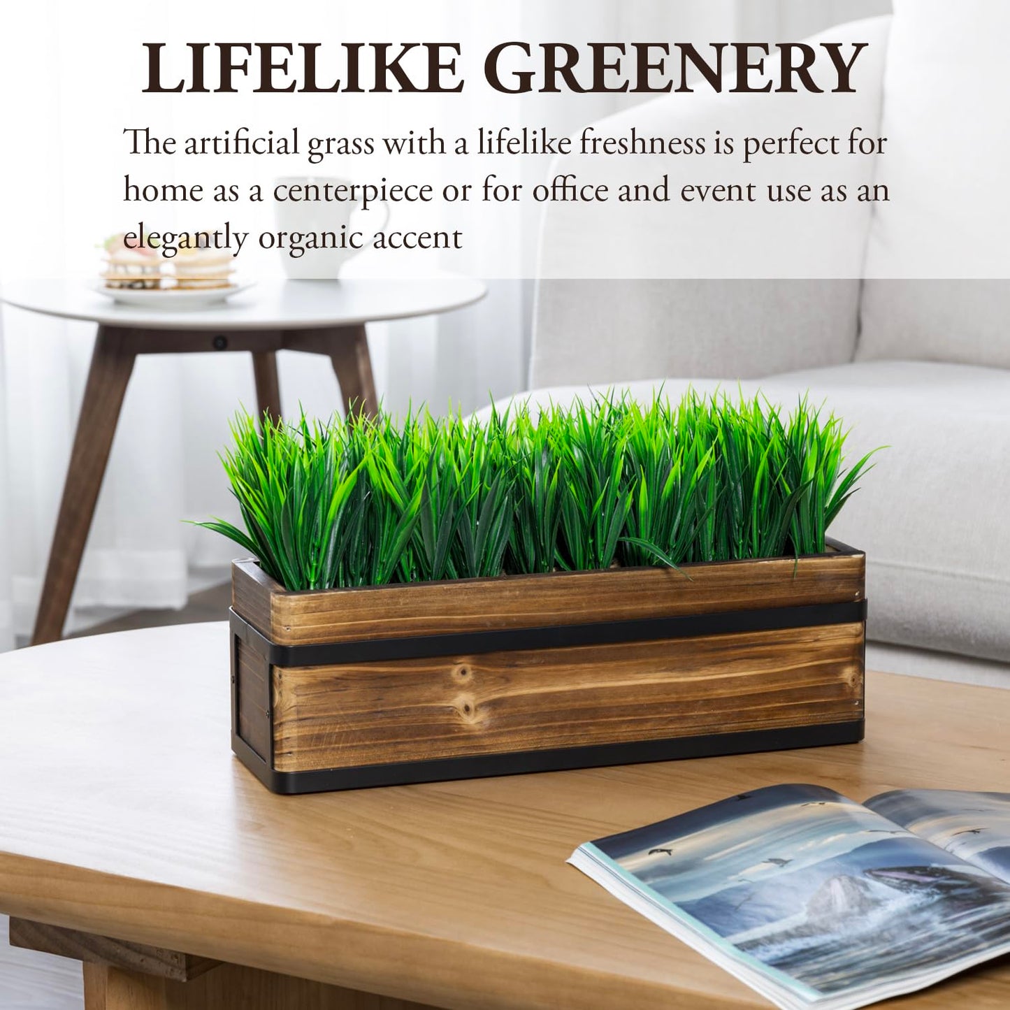 MyGift 14 Inch Artificial Green Grass Plant in Rustic Burnt Wood Planter Box with Industrial Black Metal Accents, Realistic Greenery Tabletop Centerpiece