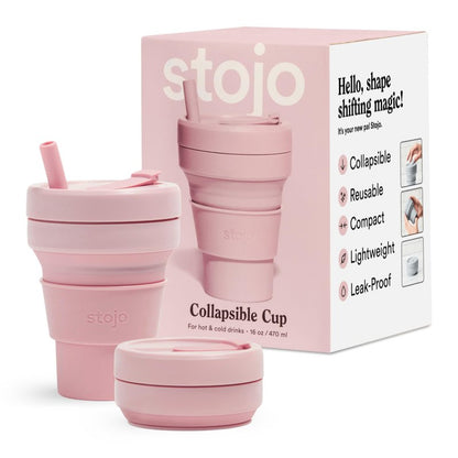 STOJO Collapsible Travel Cup - Reusable To-Go Pocket Size Silicone Bottle for Hot and Cold Drinks - Perfect for Camping - Microwave & Dishwasher Safe (Carnation, 16 Ounce (Pack of 1))