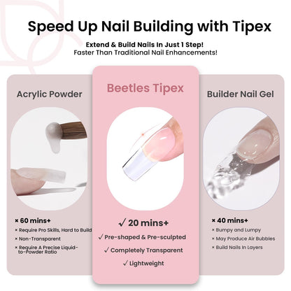 Beetles Tipex Instant Apex Nail Tips Kit, Coffin Long 224Pcs 16 Sizes Pre-Building & Pre-Etched Thicker Acrylic Nails False Nail Extension with Tipex Nail Glue Mini Nail Lamp