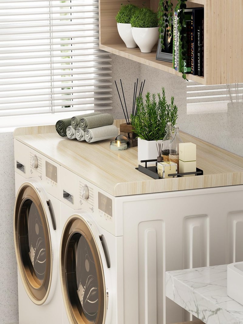 Toemics Washer Dryer Countertop, 27.5" x 54" Laundry Room Organization Shelf with Edge Rails for Washer and Dryer, Durable Melamine Finish, Non-Slip Pads, and 3 Laundry Bags, Oak