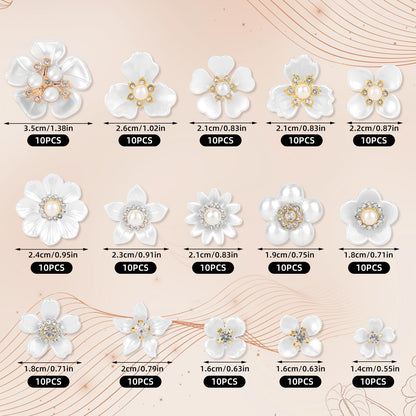 150pcs Rhinestone Pearl Buttons, 15 Styles Decorative Flat Back Flower Embellishments Faux Pearl Buttons for Crafts Jewelry Making Wedding Hair Accessories Bags Shoes Decor