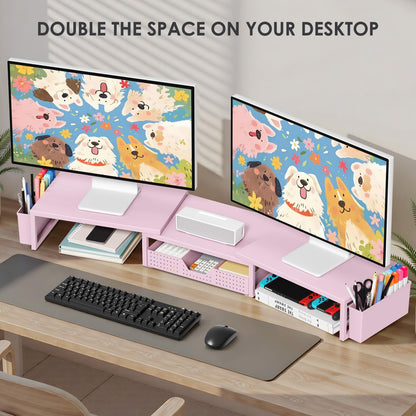 OPNICE Desk Organizers and Accessories, Dual Monitor Stand Riser with Drawer and 2 Pen Holders, Desk Shelf Metal Computer Racks for Office Workspace Organizers, Desktop Organization (Pink Metal)