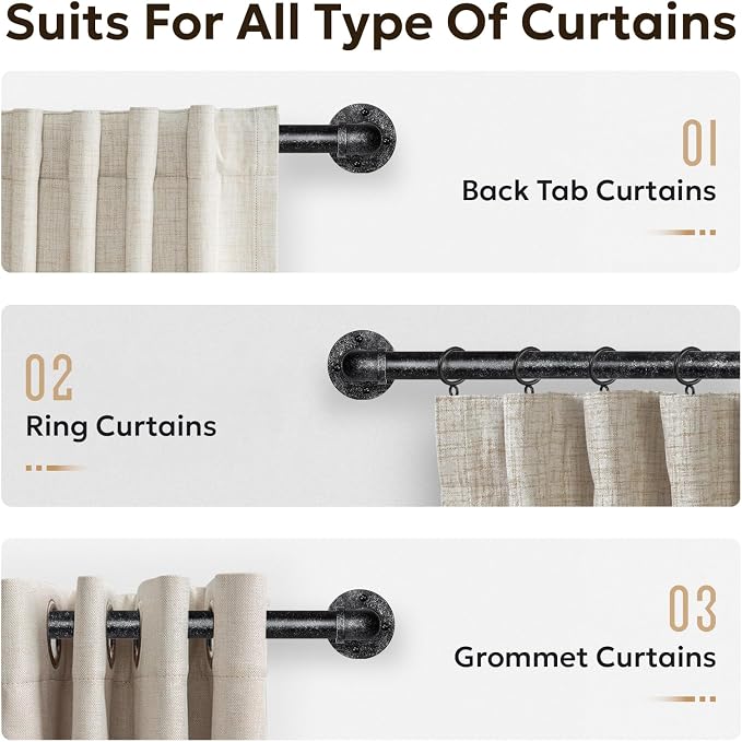 Zeerobee Curtain Rods for Windows 66 to 120, 1 Inch Industrial Wrap Around Vintage Black Curtain Rod, Indoor/Outdoor Room Divider Adjustable Drapery Pole, 66"-120"