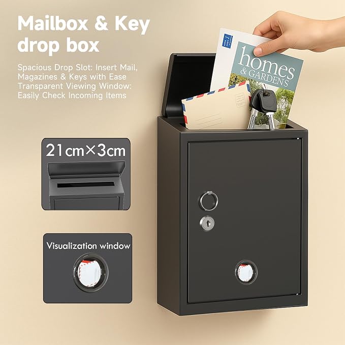 Mailbox with Combination & Key Unlock, Metal Mail Boxes Suggestion Box Wall Mount, Business Key Drop Box, Locking Post Box for House, Weatherproof, Large Capacity 14x4x10in,Black