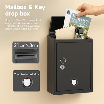 Mailbox with Combination & Key Unlock, Metal Mail Boxes Suggestion Box Wall Mount, Business Key Drop Box, Locking Post Box for House, Weatherproof, Large Capacity 14x4x10in,Black