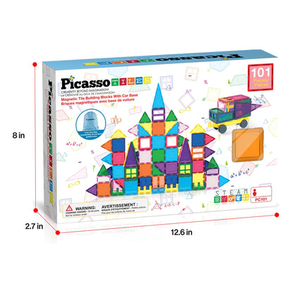 PicassoTiles 101 PCs Magnetic Tiles Building Blocks with Car & Drawstring Carry Bag Toy Storage Magnet Block for Toddlers Kids STEM Toy Set Educational Tile Learning Brain Development Ages 3+ PC101