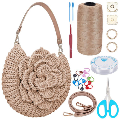 FREEBLOSS DIY Crochet Bag Making Kit Crochet Starter Kit with Video Tutorial PU Leather Handle Handmade Shoulder Bag Set for Beginners Birthday Gift Beige