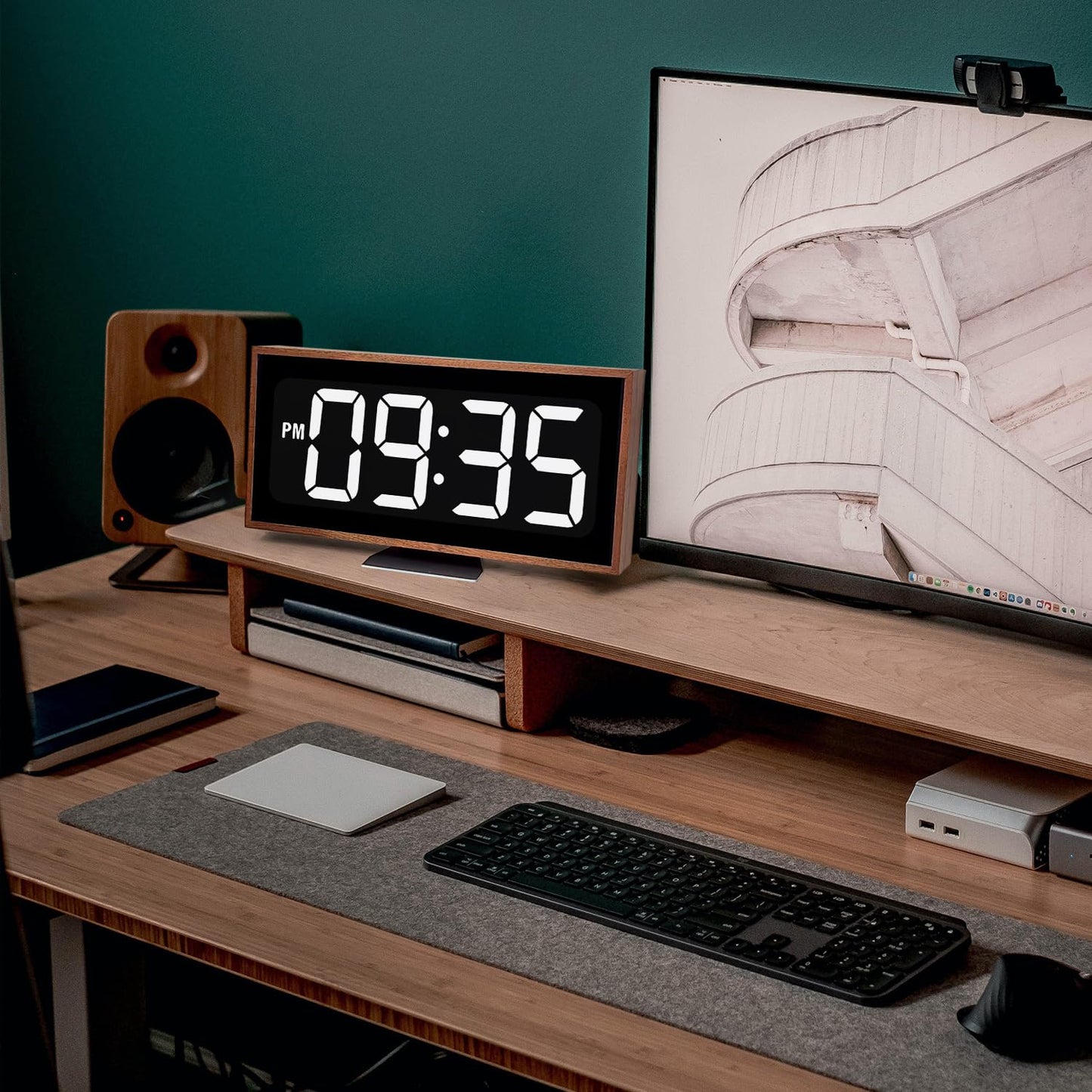 SCOAGE Wooden Digital Desk Clock, 10 x 5 Inch Plug in Electric LED Clock with Large Easy to Read Numbers, 12/24H Switch, Bright LED Display, Minimalist Desk Clock for Living Room, Office, Classroom