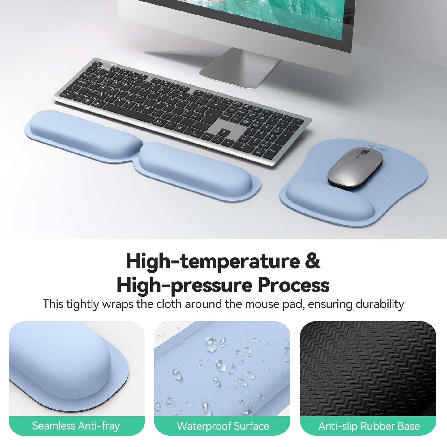 TECKNET Ergonomic Keyboard Wrist Rest and Mouse Pad, Foldable Memory Foam Wrist Rest for Computer Keyboard, Durable Mousepad for Computer Laptop Mac, Lightweight for Easy Typing and Pain Relief, Blue