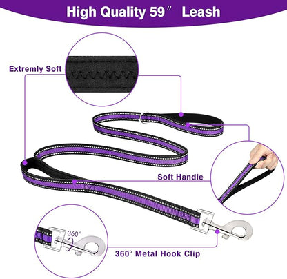 WINSEE Pet Harness Collar and Leash Set, All-in-one Reflective Dog Harness No Pull with Adjustable Buckles for Puppies, Small, Medium, Large, and Extra-Large Dogs (Medium, Purple)