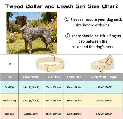 Luxury Soft Cotton Tweed Fabric Dog Collar & Leash Set with Gold Buckle – Durable Fabric, Stylish Design for Everyday Walks(Medium Cream)