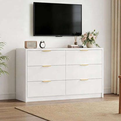 MapleGrace 53" Wide 6 Drawer Dresser for Bedroom, Modern Simple Wood Dresser Chest of Drawers Closet Store Organizer for Living Room, Hallway (White, 15.4" D x 53.1" W x 30.9" H (6 Drawers))