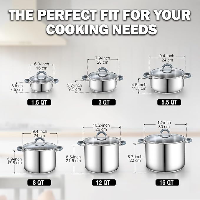 Cook N Home Basics 16 Quart Stainless Steel Stock Pot with Lid, Cooking Pot for Pasta, Soup, Stay-Cool Silicone Handle, Stockpot with Even Heating, Oven Safe, Cookware for Canning, Boiling, Simmer