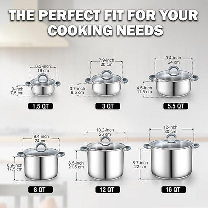 Cook N Home Basics 16 Quart Stainless Steel Stock Pot with Lid, Cooking Pot for Pasta, Soup, Stay-Cool Silicone Handle, Stockpot with Even Heating, Oven Safe, Cookware for Canning, Boiling, Simmer