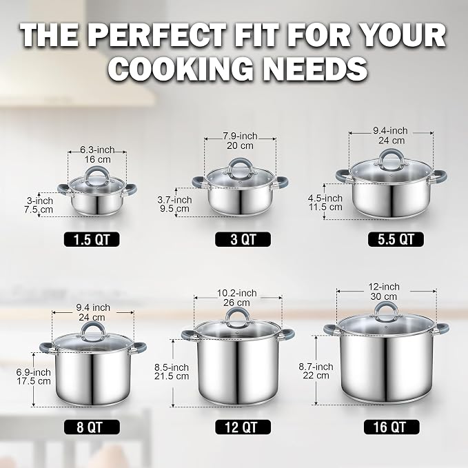 Cook N Home Basics 8 Quart Stainless Steel Stock Pot with Lid, Cooking Pot for Pasta, Soup, Stay-Cool Silicone Handle, Stockpot with Even Heating, Oven Safe, Cookware for Canning, Boiling, Simmer