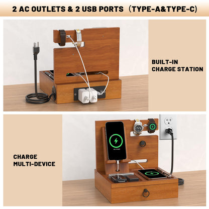 Wood Phone Docking Station with USB Ports and Outlets, Nightstand Organizer with Charging Station, Bedside Organizer with Drawer for Watch & Accessories, Christmas Anniversary Birthday Gifts for Men