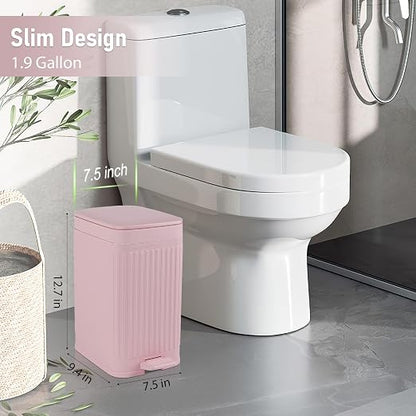 rejomiik Small Bathroom Trash Can with Lid Slim Soft Close Garbage Can Step Wastebasket Container Trash Bin for Office Bedroom Kitchen Living Room 1.9 Gallon Pink