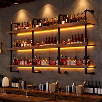 Dawselod 39.7in Large Wine Rack with LED Light Solid Wood Wall Mounted Wine Rack, 3-Tiers Liquor Bottles Floating Shelves Display Storage Organizer for Home Bar & Dining Room (100cm/39.7in)