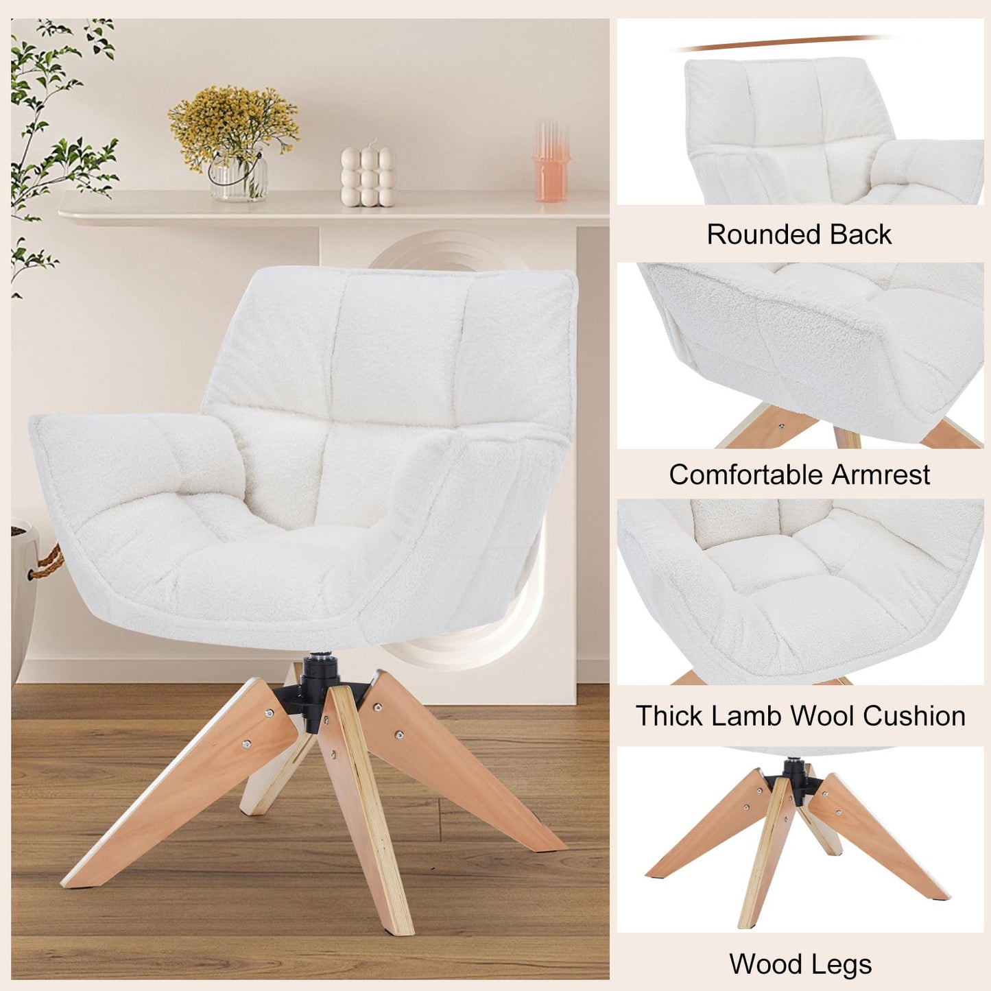 Modern Lambs Wool Accent Chair with Armrest, Sherpa Vanity Desk Chair No Wheels, Mid Century Comfy Upholstered Armchair with Wood Legs for Living Room, Bedroom, Makeup Room, Off-White
