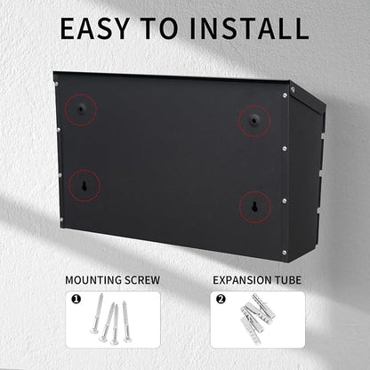 Wall Mount Mailbox for House Outside, Large Capacity Mailbox Drop Box, Galvanized Steel and Rust-Proof Metal Post Box, 15.74"x9.84"x4.33", Black, MD065