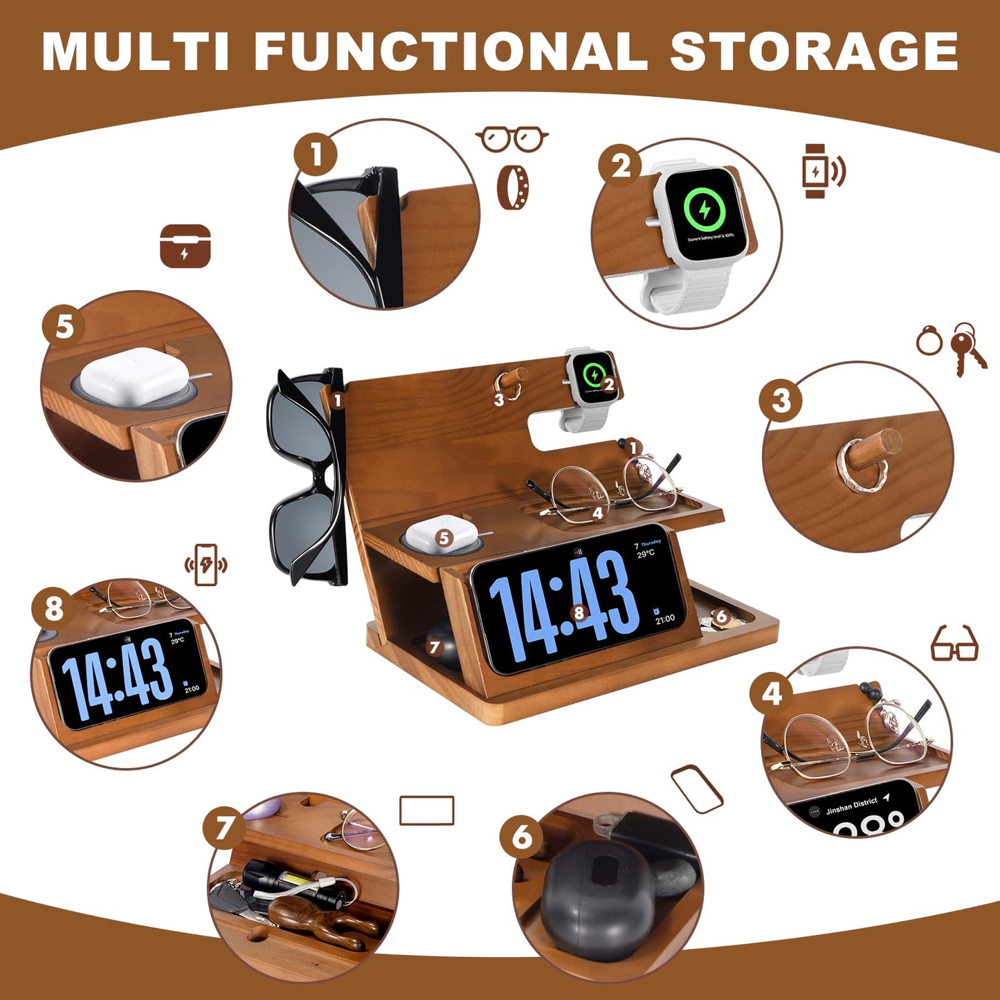 Gifts for Men 3-in-1 Charging Stand Compatible with iPhone 16 Charger Station, Nightstand Organizer Wood, Fathers Day Perfect for Dad Husband Boyfriend Son, for iPhone 16/15/14/13/12 Max Plus, Watch