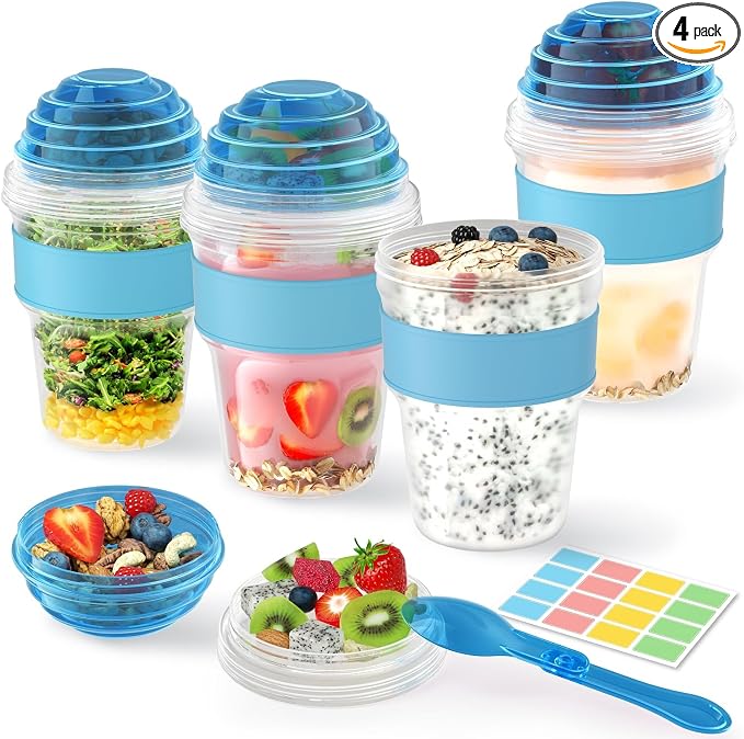 4 Pack Yogurt Parfait Cups with Lids Reusable, 20 oz Plastic Overnight Oats Containers To Go with Granola Compartment and Lids Spoon, Cereal Containers for Oatmeal, Snack, Breakfast Prep (Blue)
