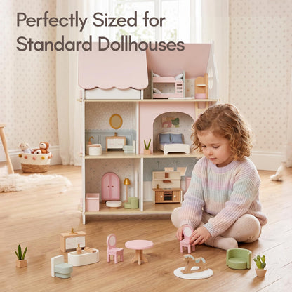 Giant bean 33PCS Wooden Dollhouse Furniture Set for Kids, Modern Pink Doll House Furniture Accessories with Bedroom, Nursery, Kitchen, Bathroom,Living Room, Montessori Pretend Play Toys for Girls 3+
