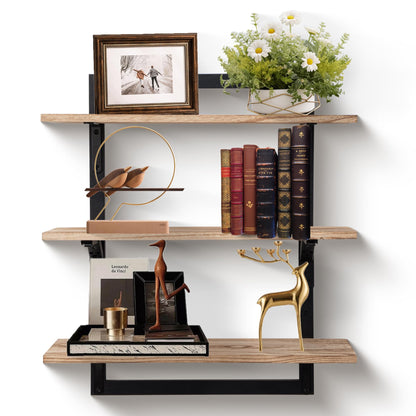Wodhels 24-Inch Floating Shelves for Wall，3-Tier Wooden Wall Mounted Kitchen Shelves with Foldable Brackets,Hanging Wall Shelves for Living Room, Coffee Bar，Bedroom, Bathroom,Rustic Brown