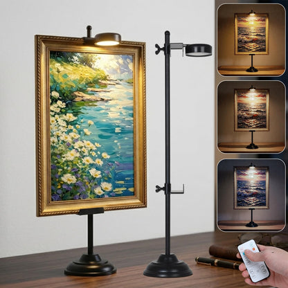 Adjustable Tabletop Easel Stand with Magnetic Wall Painting Light,Black Picture Frame Holder Stand Holds Picture Frames up to 29 Inch,Picture Easels for Display with Dimmable Frame Light (1 Pack)