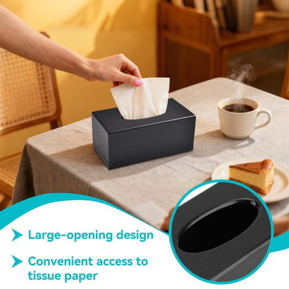 Wood Grain Tissue Box Cover with Easy Refill Slide Out Bottom, Modern Black Decorative Wooden Tissue Box Cover Rectangle Refillable Bathroom Facial Napkin Tissuebox Cover Holder (Black)