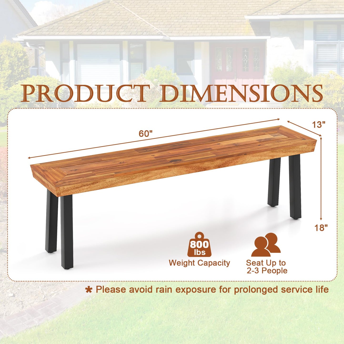 Tangkula Outdoor Acacia Wood Bench, Patio Dining Picnic Bench with Steel Legs for Porch Garden Poolside Living Room Balcony, Ideal for Indoor & Outdoor Use (1, Teak)