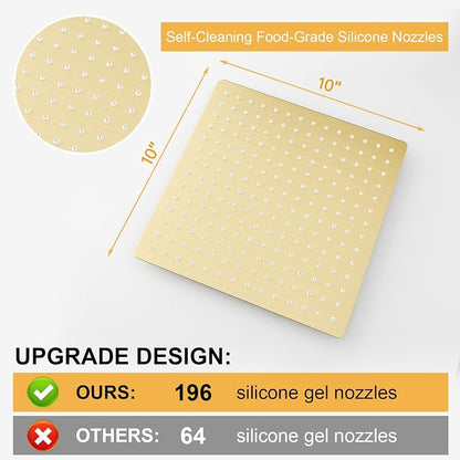 BESy 10 Inch Rain Shower Head, 10" Square Rainfall & High Pressure Stainless Steel Bath Showerhead, 1/16" Ultra Thin, Waterfall Full Body Coverage with Silicone Nozzle, Brushed Gold