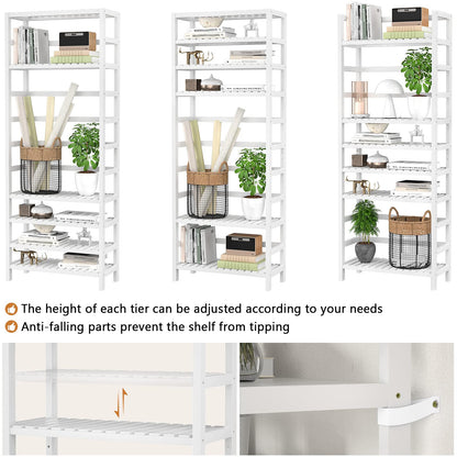 Homykic 6-Tier Bamboo Bookshelves and Bookcases, Adjustable 63.4”Tall Shallow Book Shelf Organizer Rack, Freestanding Storage Shelving Unit for Living Room, Kitchen, Bathroom, Office, White