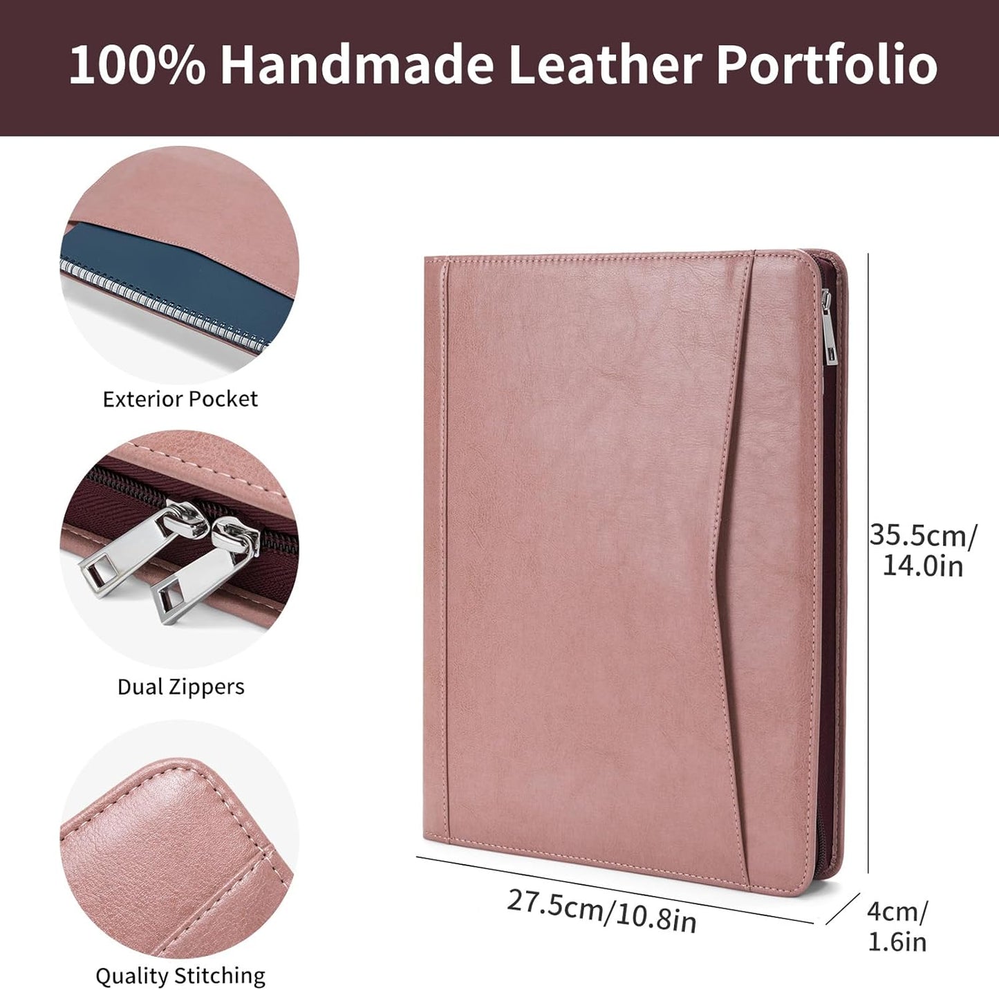 Personalized Vegan Leather Portfolio with Front Pocket for Women, Custom 8.5 x 11 Legal Pad Notepad Holder, Zippered Business Organizer, Professional Work Folder, Pink